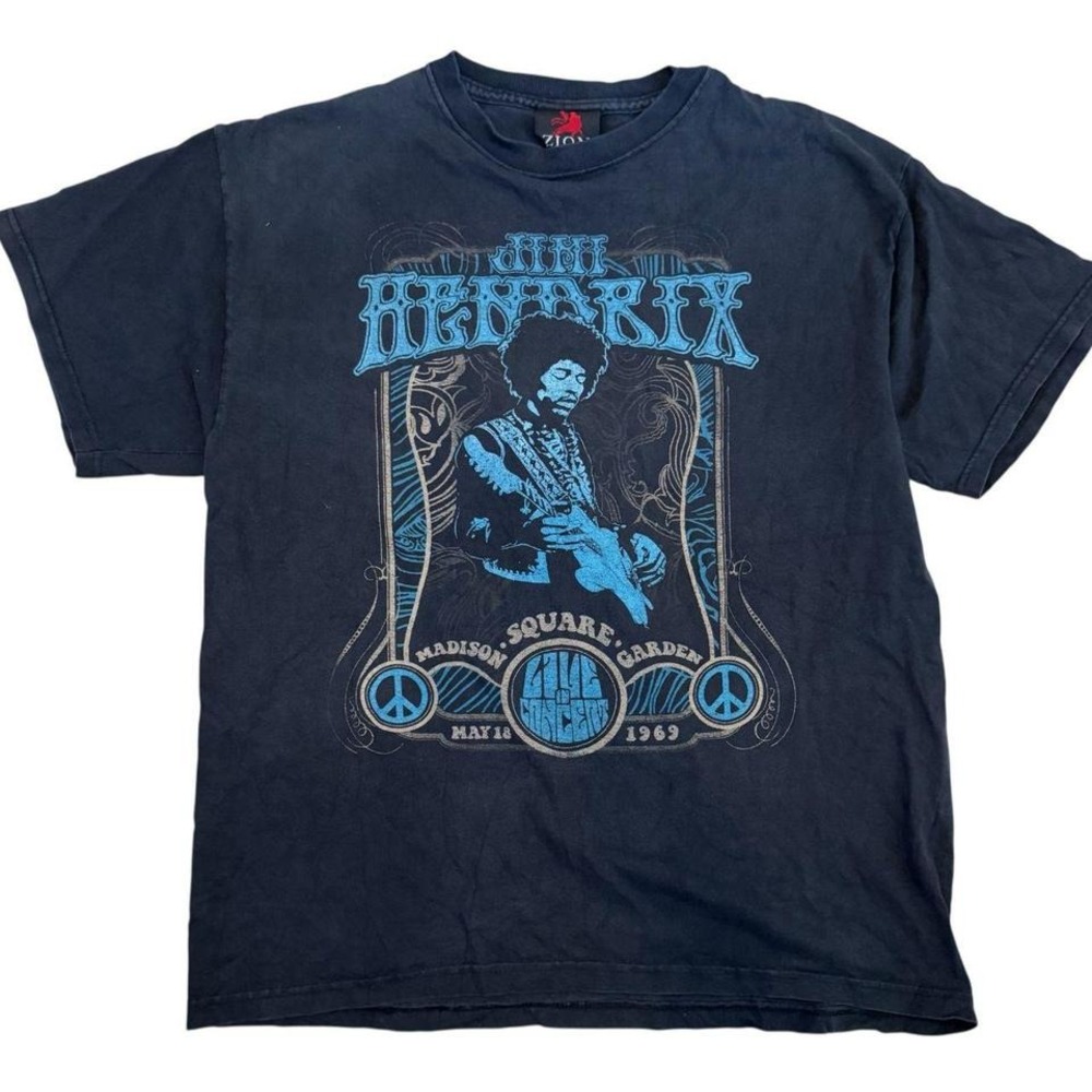 Jimi Hendrix MSG 1969 Zion Rootswear Faded Graphic Tee Black Blue Mens L